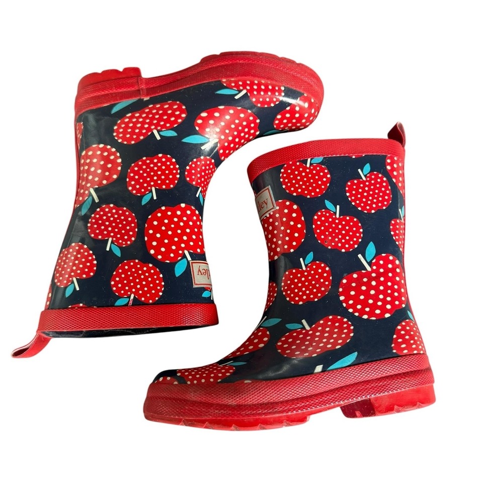 Hatley Rain Boots Kids Size 11 Navy Red Apple Print Waterproof Rubber Shoes